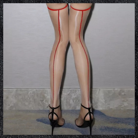 Nude & Red Shiny Back Line Seam Thigh Highs - Picture 1 of 7
